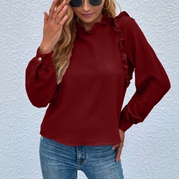 burgundy Ruffle Detail Blouse - Picture 3 of 7